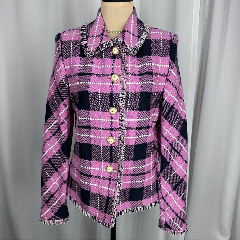 Vtg ST JOHN Collection By Marie Gray Fringe Jacket Sz 6 Pink Santana Knit Lux